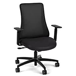Via Genie Task Chair with black frame and base, black mesh seatback, and thick seat cushion