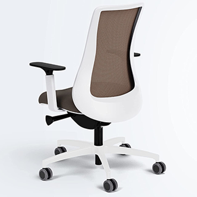 Genie Office Chair with white frame and base, gray fabric seat cushion, and natural copper mesh seatback