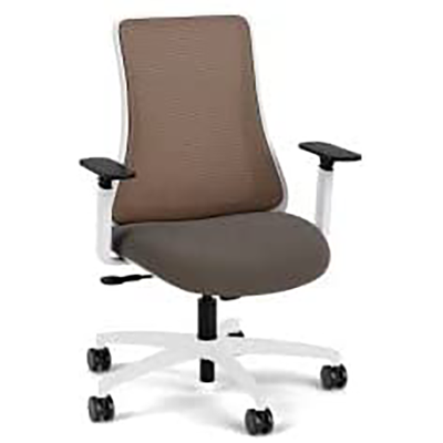 Via Seating Genie with white frame, natural copper mesh seatback, gray fabric seat, and black armrests
