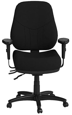 Lorell Baily Task Chair with black upholstery, black frame and base, and three levers under the seat