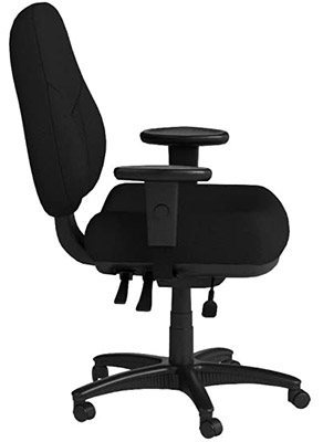 Lorell Baily Task Chair in black with thick cushion for the seat and seatback, three levers under the seat, & casters