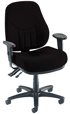 Lorell Baily Task Chair with black upholstery, black frame and base, casters, and three levers under the seat