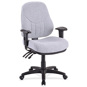 Lorell Baily Task Chair with light gray upholstery, black frame and base, and three levers under the seat