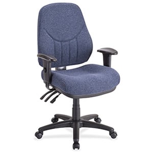 Lorell Baily Task Chair with blue upholstery, black armrests, base, and frame, and three levers under the seat