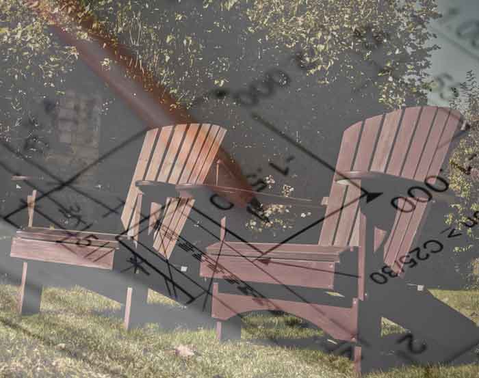 Two brown Adirondack chairs with an overlay of a plan  to represent Adirondack Chair Plans