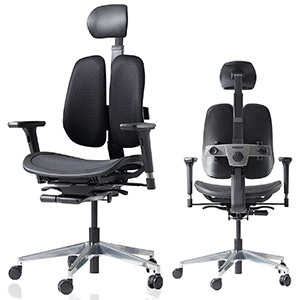 Duorest Alpha chair with a black two-piece seatback, black mesh seat, black frame, and headrest