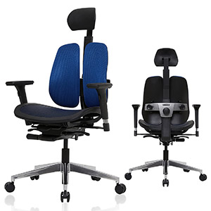 Duorest Alpha chair with a dark blue two-piece seatback, black frame, headrest, and mesh seat