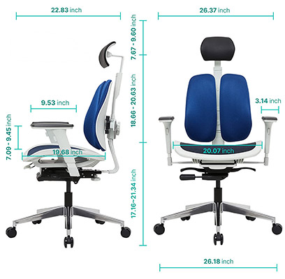 Duorest Alpha Chair in blue and white with the chair's dimensions
