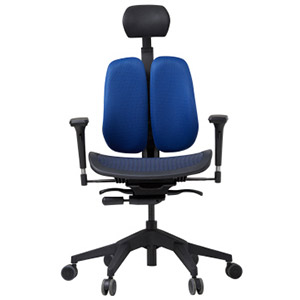 Duorest Alpha 60 with a dark blue two-piece seatback, midnight blue mesh seat, headrest, and adjustable armrests