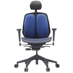 Duorest Alpha 80 with a dark blue two-piece seatback, black hard shell cover, mesh seat, and headrest