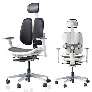 Duorest Alpha chair with black two-piece seatback, white frame, gray mesh seat, adjustable armrests, and headrest