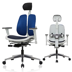 Duorest Alpha with a dark blue two-piece seatback, white frame, black headrest, and black mesh seat