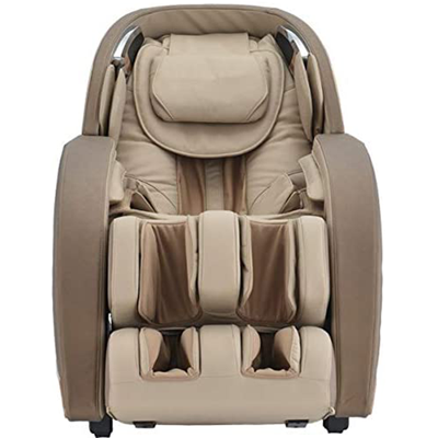 Infinity Massage Chair with beige PU upholstery, light brown exterior, and silver Bluetooth speakers in the headrest