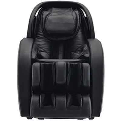 Infinity Evolution 3d/4d massage chair with black PU upholstery, thick head cushion, and silver speakers in the headrest