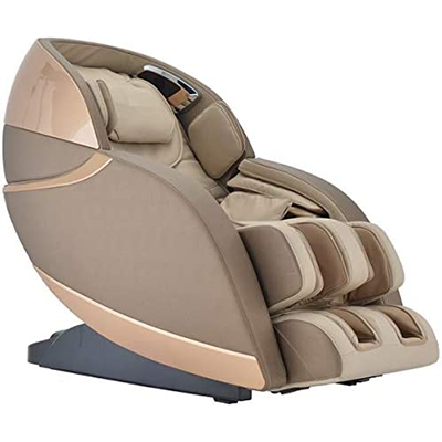Infinity Evolution Massage Chair with beige PU upholstery, black base, light brown exterior, and rose gold hard shell