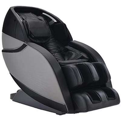 Infinity Massage Chair with black PU upholstery, light gray exterior, black base, and black hard shell headrest