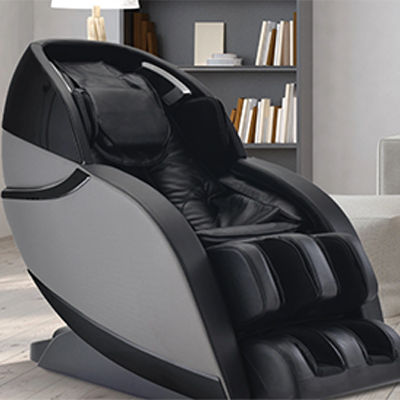 Infinity Evolution Massage Chair with black PU upholstery, light gray exterior, and black hard shell & highlights