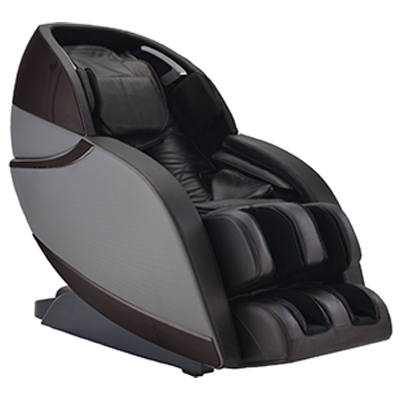 Infinity Evolution 3d/4d massage chair with dark brown PU upholstery, light gray exterior, and glossy dark brown hard shell