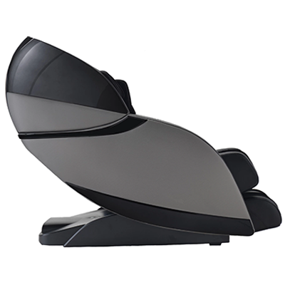 Infinity Evolution with black base, light gray exterior, and glossy black hard shell behind the headrest