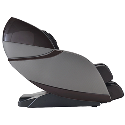 Infinity Massage Chair with black base, light gray exterior, and glossy dark brown hard shell behind the headrest