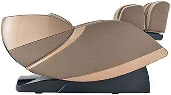 Infinity Evolution massage chair in beige and rose gold and in zero gravity recline, with the legports elevated above the heart
