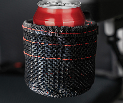 Cup Holder made of black mesh fabric with red stitching and an unopened can of Coca-Cola inside