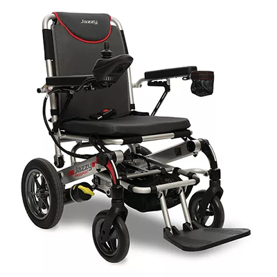 Jazzy Folding Power Chair with an aluminum frame, black padded seat and seatback, and red highlights