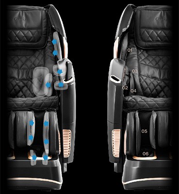 Osaki Os Pro Maestro 4D Massage Chair's airbags located at the arms, shoulders, waist, calves, and feet