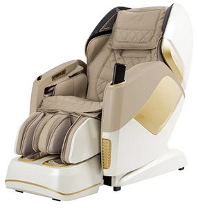 Osaki Pro Maestro Massage Chair with beige PU upholstery, white hard shell exterior, & gold highlights