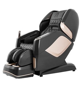Osaki Pro Maestro Massage Chair with dark brown PU upholstery, black hard shell exterior, & rose gold highlights
