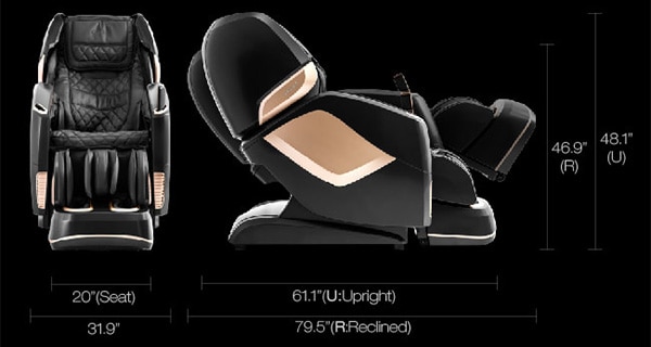 Osaki 4D Pro Maestro black variant's dimensions when sitting upright and when fully reclined