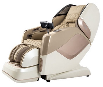 Osaki Pro Maestro LE Massage Chair with beige PU upholstery, rose gold highlights, & tablet on one arm