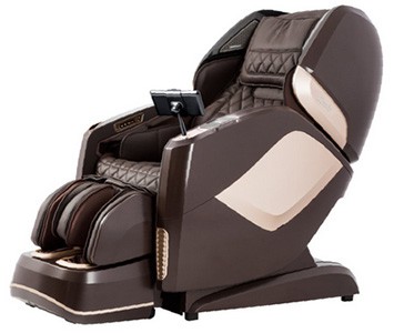 Osaki Pro Maestro LE Massage Chair with chocolate brown PU upholstery, rose gold highlights, & tablet on one arm