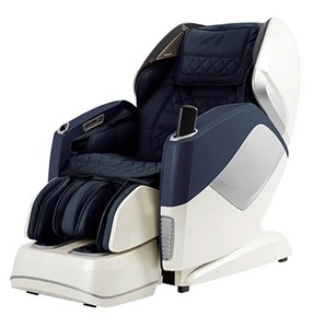 Osaki Pro Maestro Massage Chair with navy blue PU upholstery, white hard shell exterior, & silver highlights