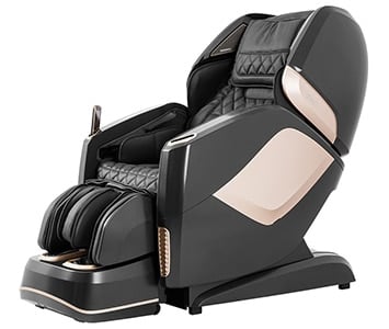 Pro Maestro 4D massage chair with black PU upholstery, hard shell exterior, & rose gold highlights