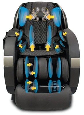 Kahuna SM 9300 Massage Chair's airbags on the shoulders, arms, lumbar area, calves, and feet