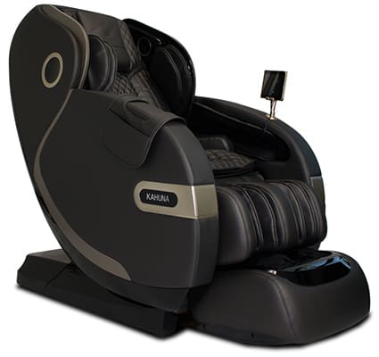 Kahuna SM 9300 Massage Chair with black PU upholstery, tablet mounted to one arm, and gold accents