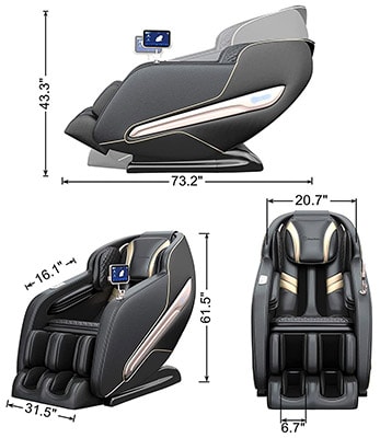 PS6000 Massage Chair in three positions with labels of its dimensions
