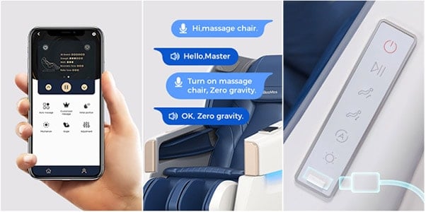 Phone connectivity, voice control, and USB charging port of iBooMas Massage Chair