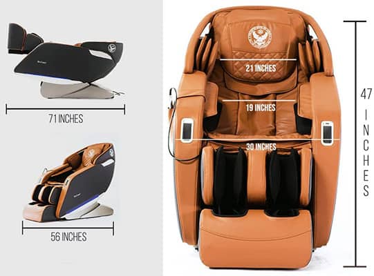 Black with brown interior variant of Dr Care XR 923 Massage Chair with labels of its dimensions