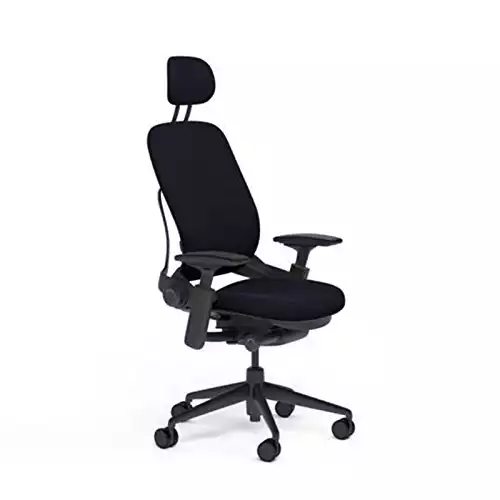 Steelcase Leap Desk Chair with Headrest in Buzz2 Black Fabric - Highly Adjustable Arms - Black Frame and Base - Standard Carpet Casters